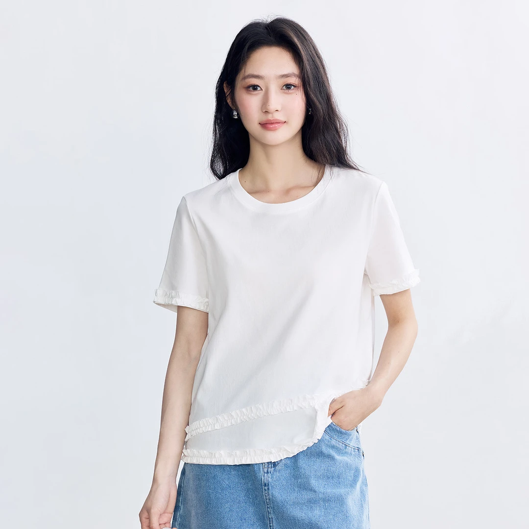 纯棉木耳边拼接短袖白T恤女2025夏季时尚设计感百搭宽松上衣