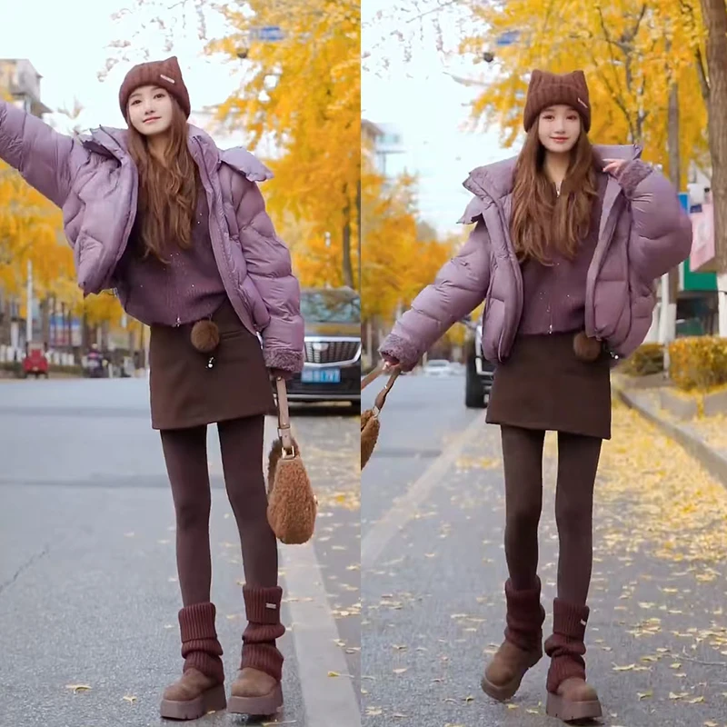 冬季时尚穿搭2025年新款百搭针织上衣连帽棉服高腰短裙三件套装