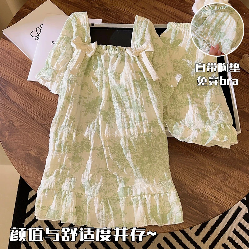 公主风睡衣女士2025新款梭织棉带胸垫小个子套装夏季天薄款家居服