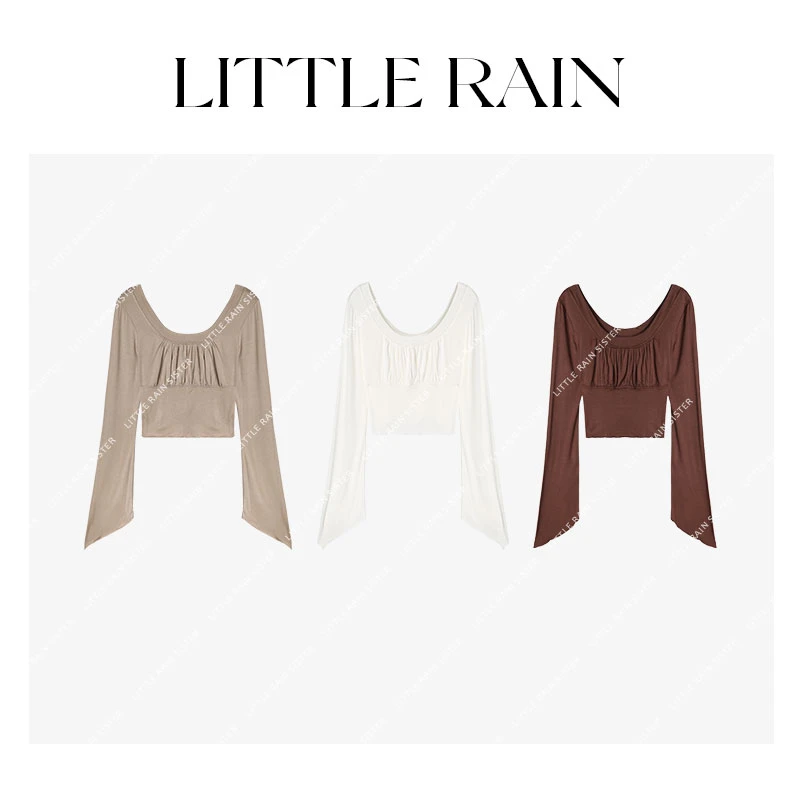 小雨姐姐新款【奶嗲欲系】纯欲性感褶皱喇叭袖修身打底上衣女