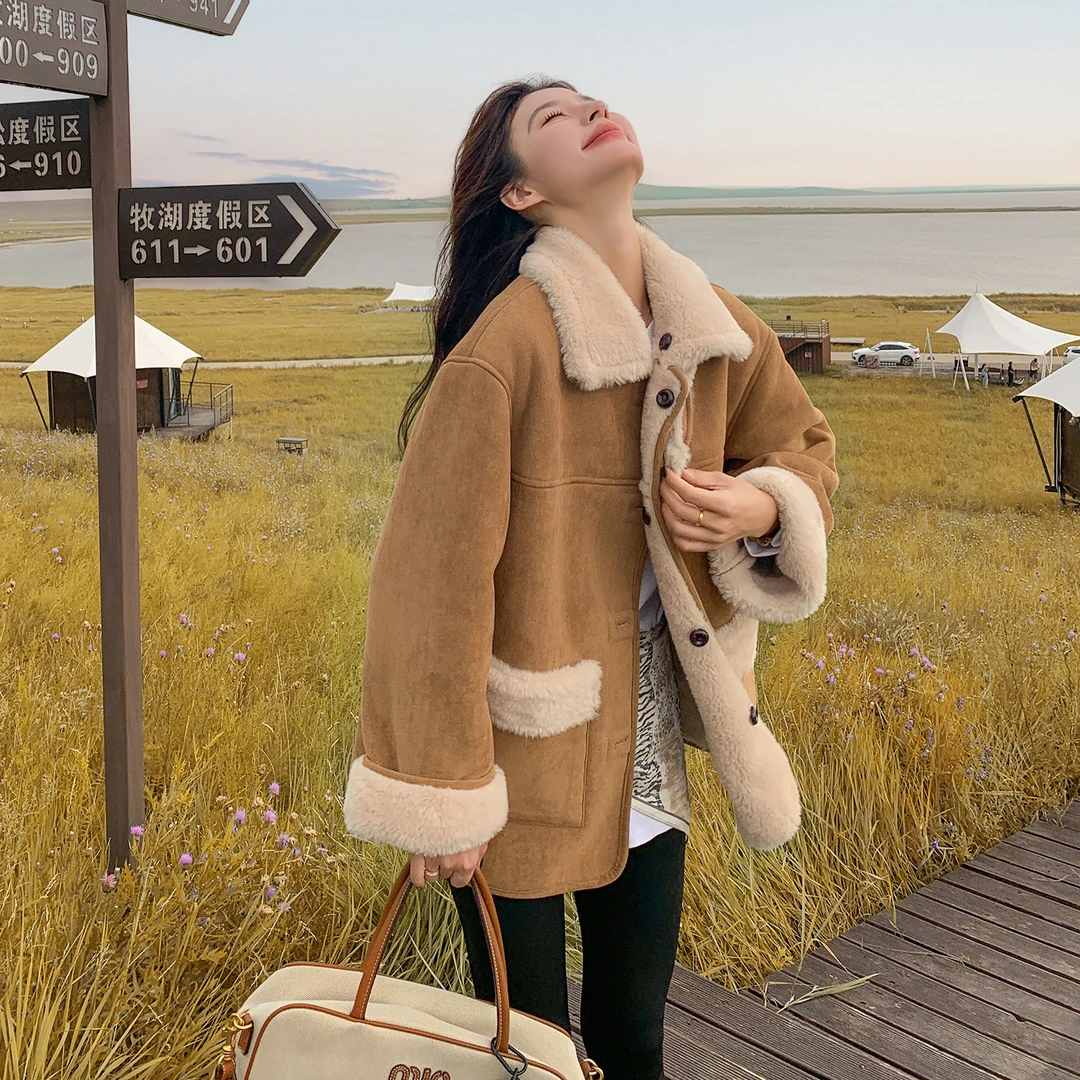 棕色两面穿高级感外套女2025冬季新款复古加绒加厚麂皮绒皮毛一体