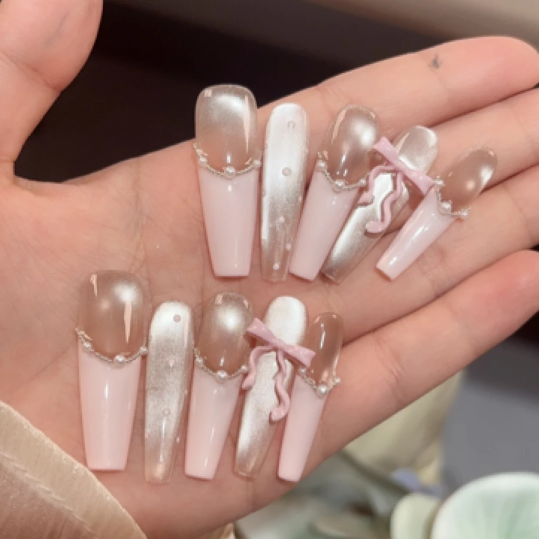 【巴洛克】粉荔枝法式气质猫眼春夏显白纯手工蝴蝶结穿戴甲595号