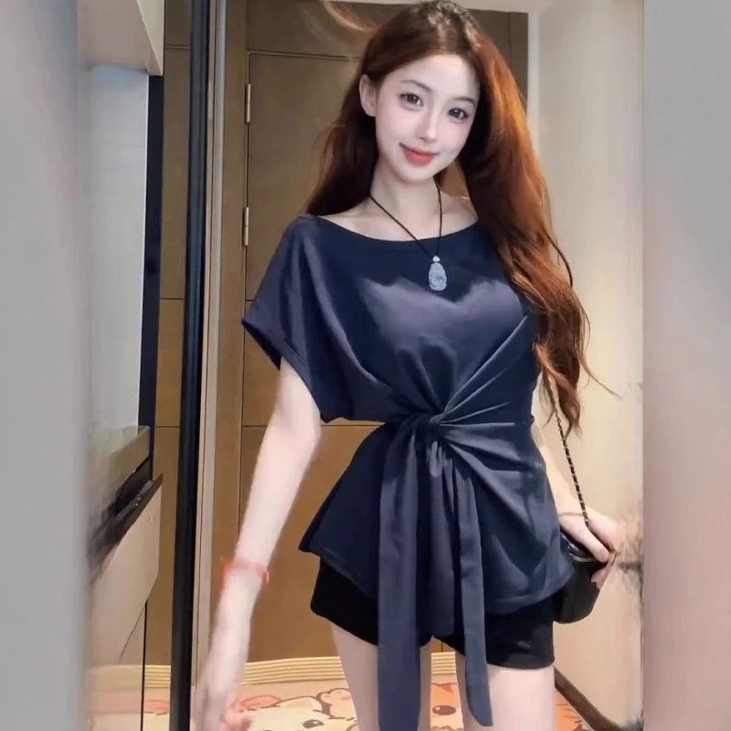 韩版设计感修身显瘦收腰绑带短袖t恤女款2025新款爆款别致上衣潮
