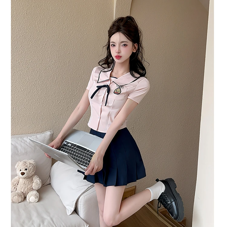 韩系女团风JK制服性感辣妹纯欲风小个子显高粉色衬衫百褶裙套装女
