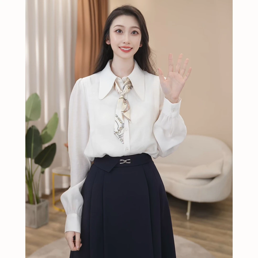 【曼贝】轻奢定制款气质风长袖衬衫女秋季高级感衬衣8593137【甜甜】