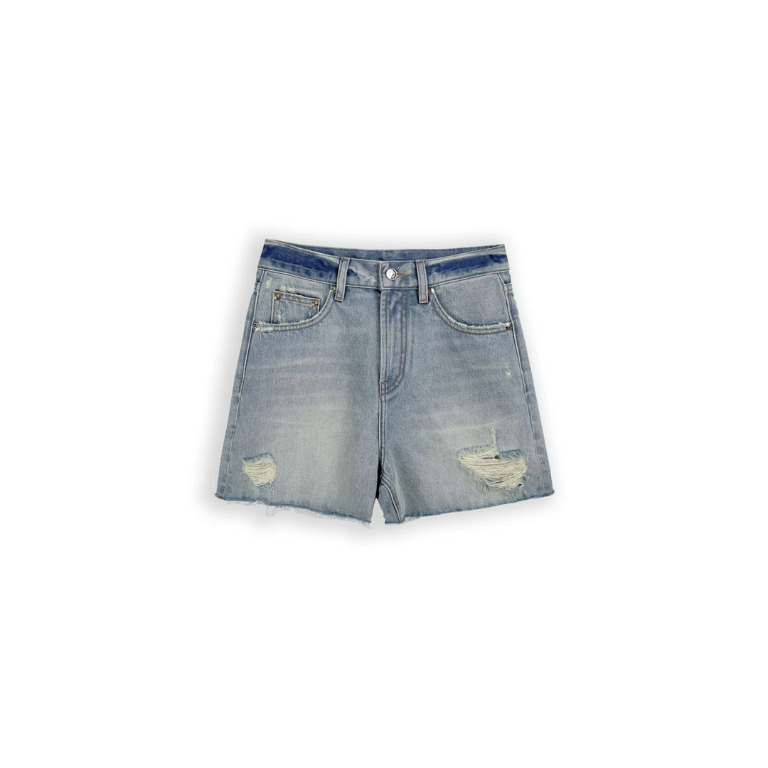 【坤姨专属】“蓝调叛逆者”高腰蓝色 洗磨破洞做旧牛仔短裤KY240795