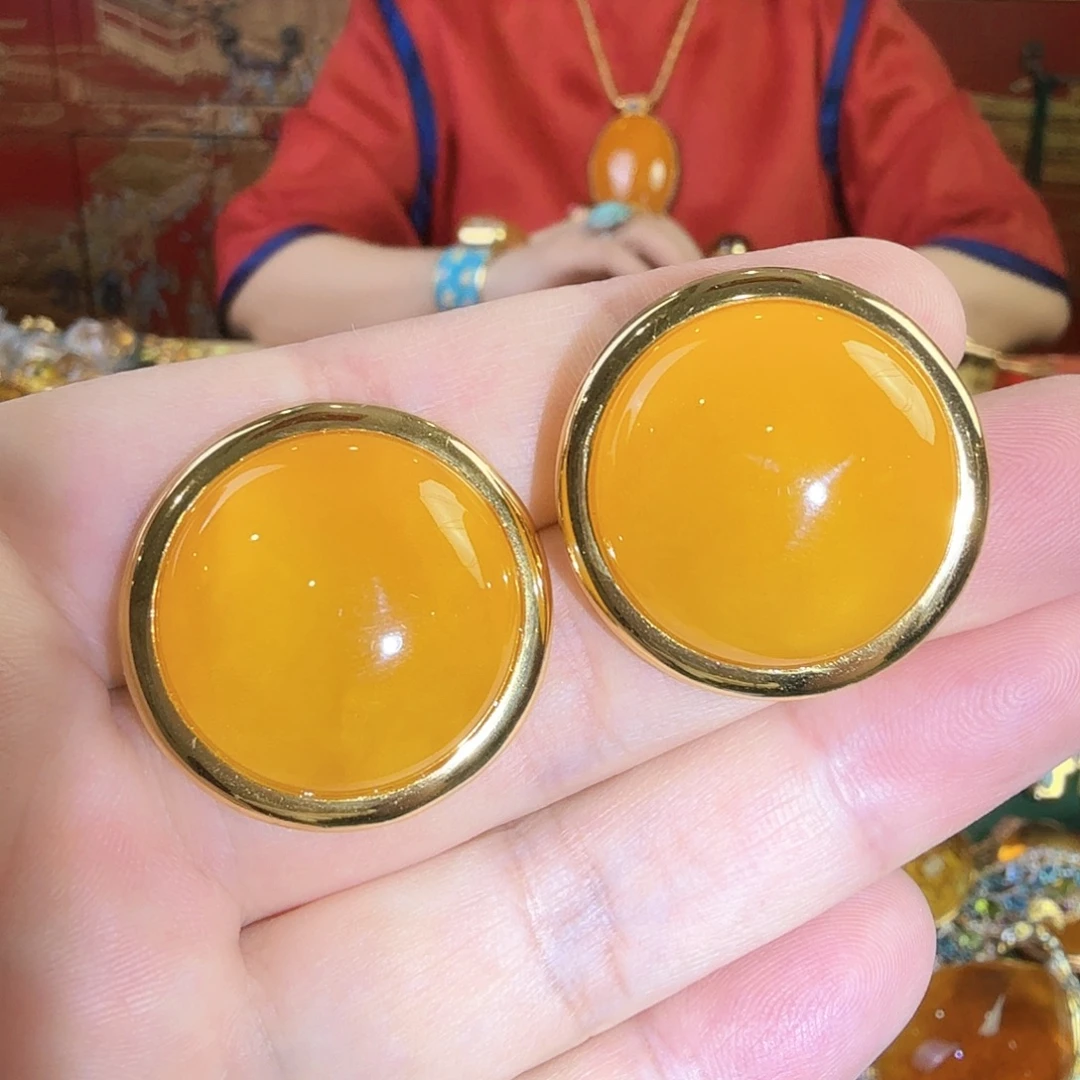 蜜蜡银S925镀金镶嵌耳钉