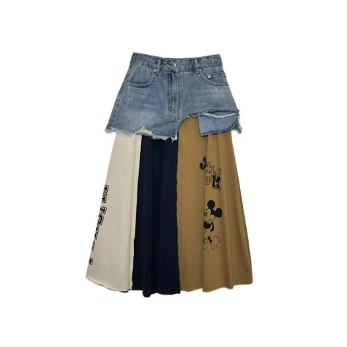 新款 卡通米奇印花假两件拼接牛仔半身裙女夏款