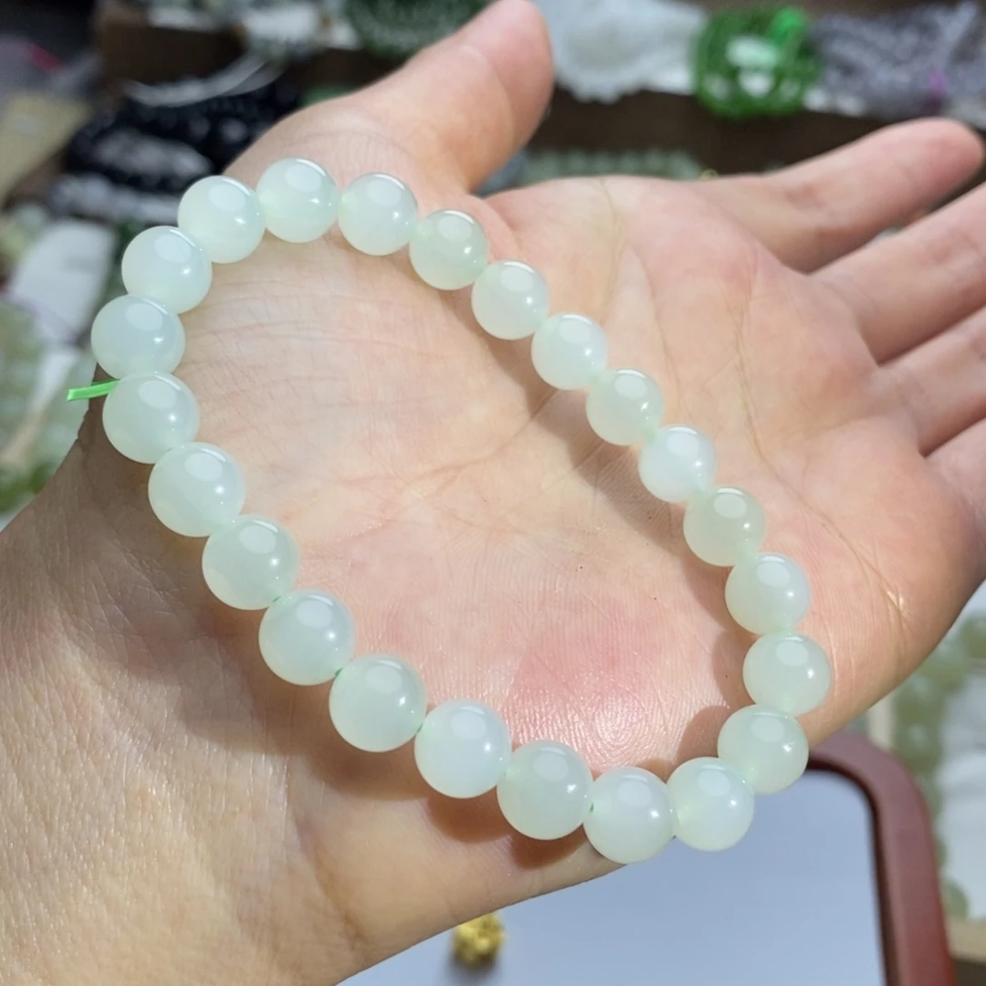 和田玉手链未镶嵌毛****喵8mm高冰浅晴荧光微猫圆珠