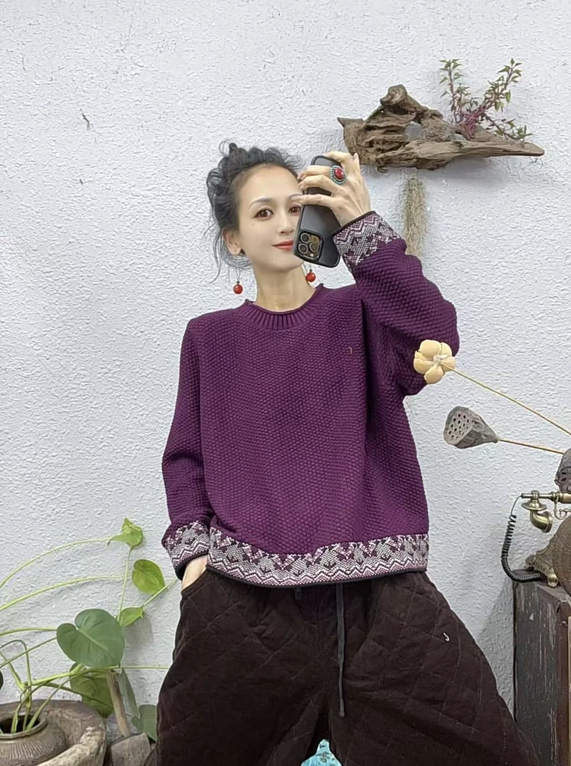 941817棉线圆领下摆袖口花纹针织长袖上衣（长65胸围136