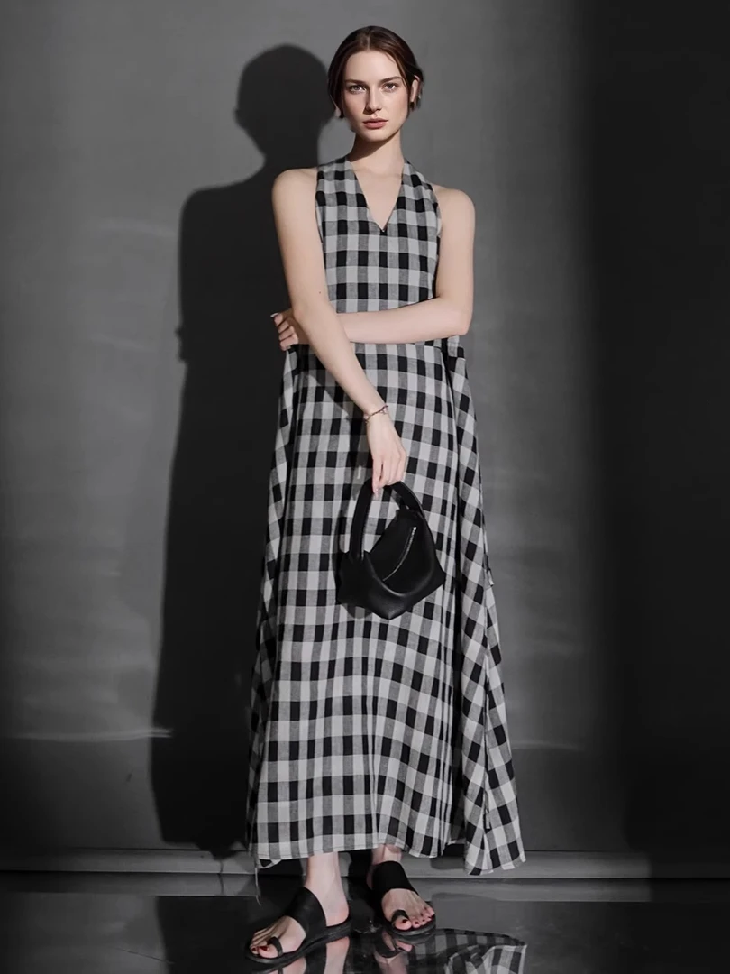 臻一-米兰风情格纹设计亚麻连衣裙无袖背心中长款连衣裙PI25Q042