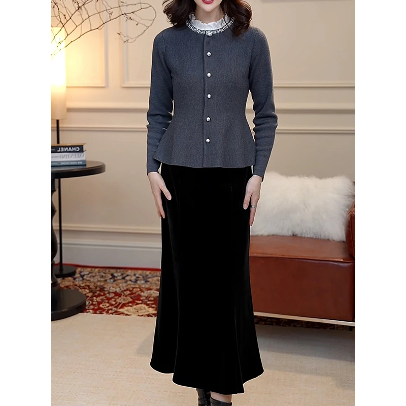 高级名媛时尚套装2026春新洋气质显瘦荷叶边针织开衫高腰丝绒半裙