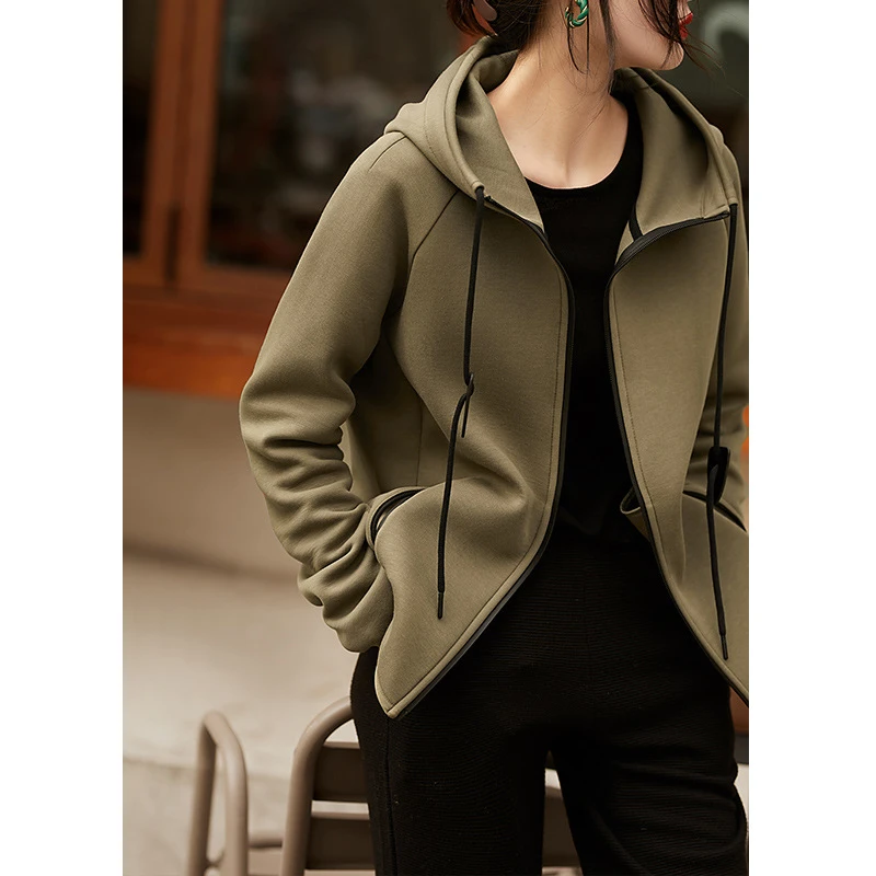 简约休闲百搭气质连帽卫衣短外套女秋冬新款2025年设计感小众纯色