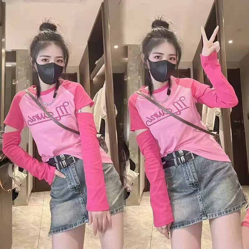 春季新款胖MM拼色小众设计感长袖T恤韩版洋气长袖上衣81589