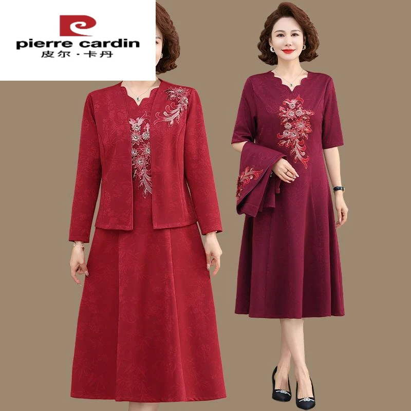 皮尔卡丹喜婆婆婚宴装妈妈春秋装连衣裙套装女高贵旗新款秋季婚礼