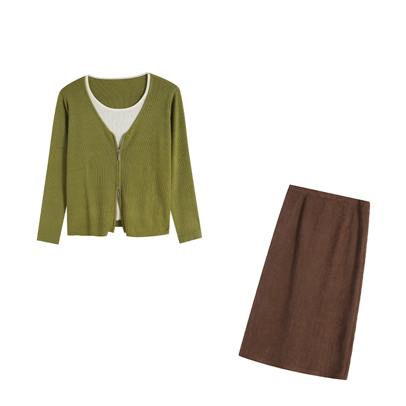 绿色上衣休闲显瘦ZL111306+咖色长半裙ZL110490套装长袖气质