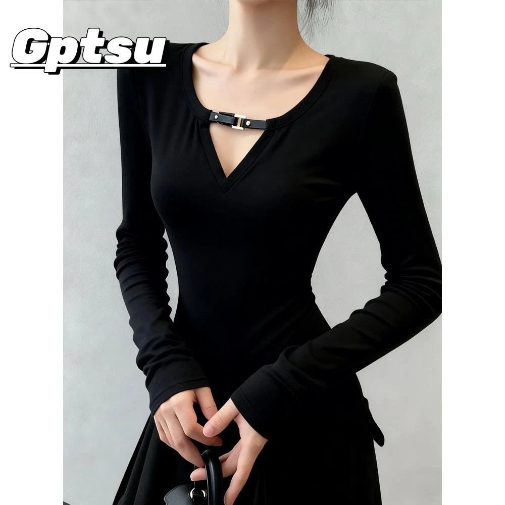 GPTSu冬季甜辣妹镂空修身打底衫女内搭显瘦黑色正肩长袖恤上衣