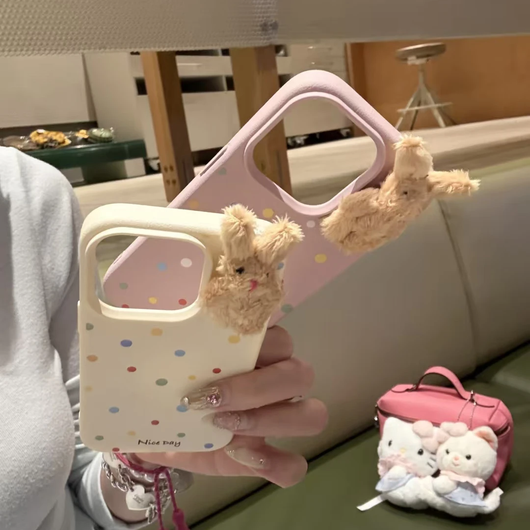 彩色波点立体兔兔皮质壳适用于iPhone16proman手机壳15少女14可爱