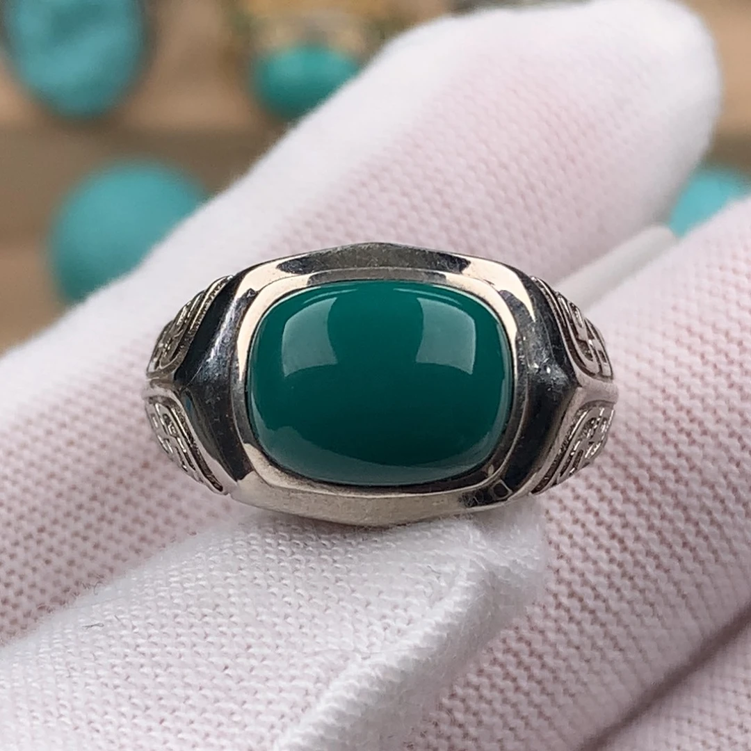 绿松石配饰银S925镶嵌男戒可调节