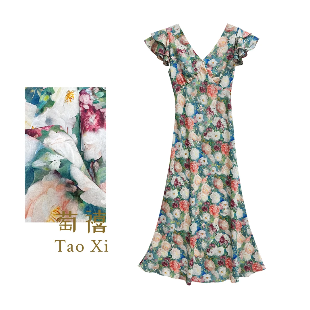 【萄禧】莫奈花园繁花桑蚕丝印花显瘦高腰波中长款连衣裙TX06QZ1058