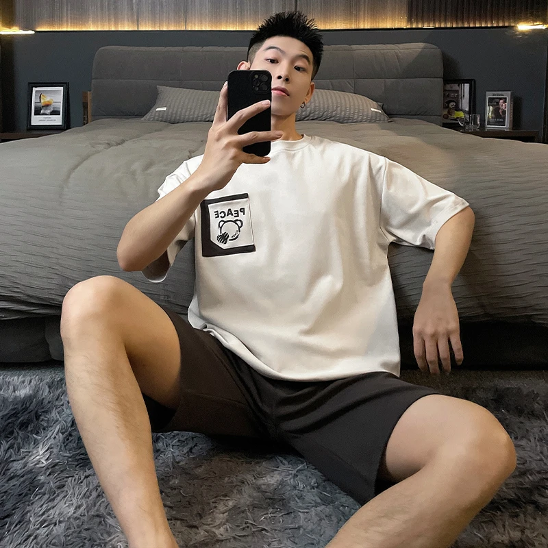 男士睡衣夏季棉质短袖短裤薄款卡通青少年学生男款夏天家居服套装