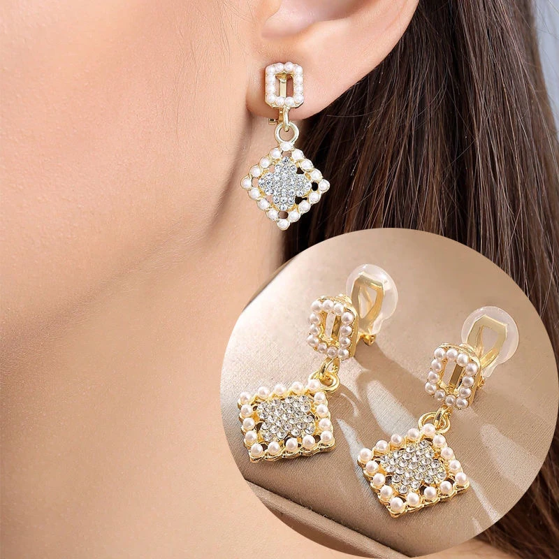 锌合金耳饰 仿珍珠水钻无耳洞耳夹气质百搭方形设计吊坠耳环耳饰