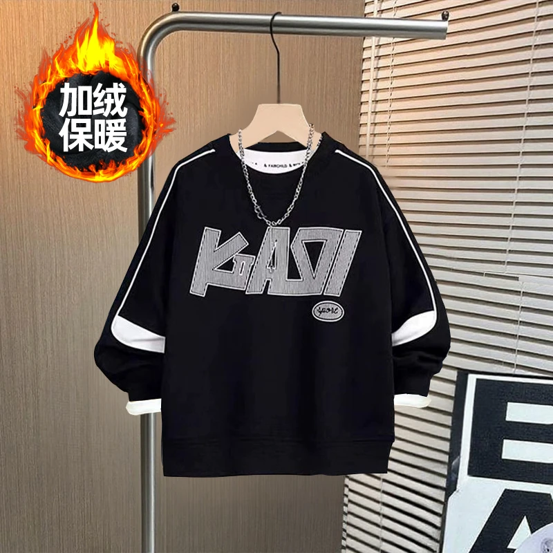 胖男童秋冬加绒上衣2025新款一体绒卫衣6-15岁中大童加厚保暖衣服