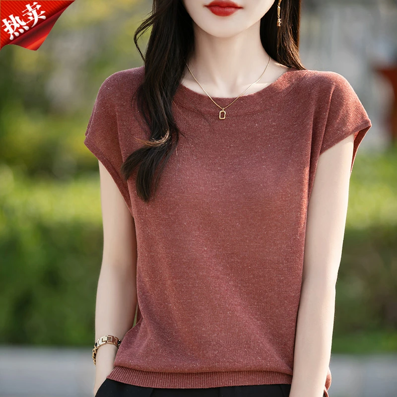 时尚品牌2025夏季新款宽松薄款纯色圆领针织衫T夏显瘦百搭上衣女