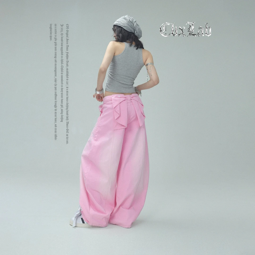 CBXLAB【粉色渐变软牛超薄款】潮牌牛仔蝴蝶结长裤宽松休闲裤辣妹