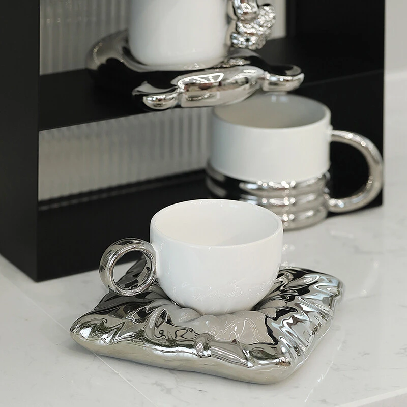 欧式银白色杯子高颜值电镀银咖啡杯轻奢高级马克杯个性咖啡拉花杯