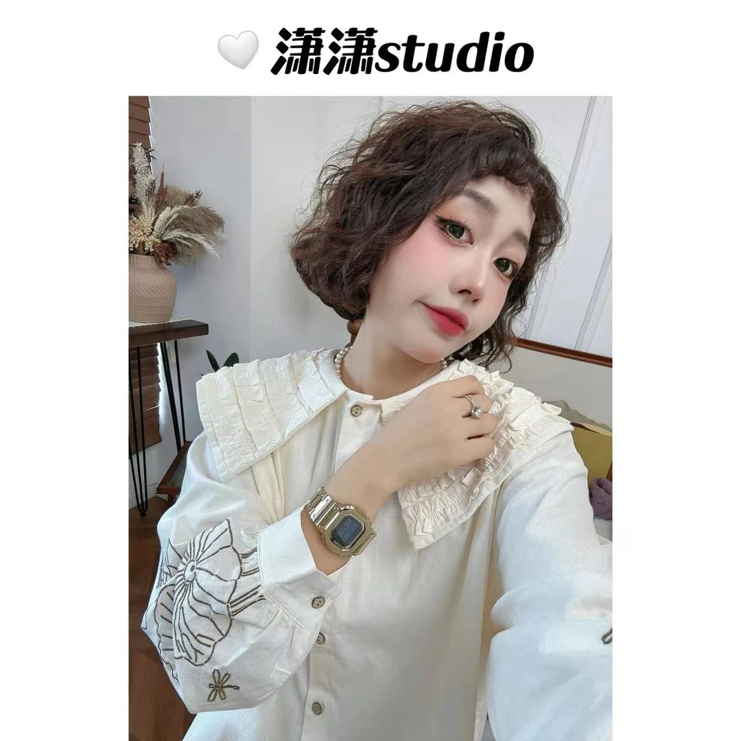 【荷花香】潇潇自制手工捏褶大领子韩系百搭袖口刺绣韩版衬衣XM1021