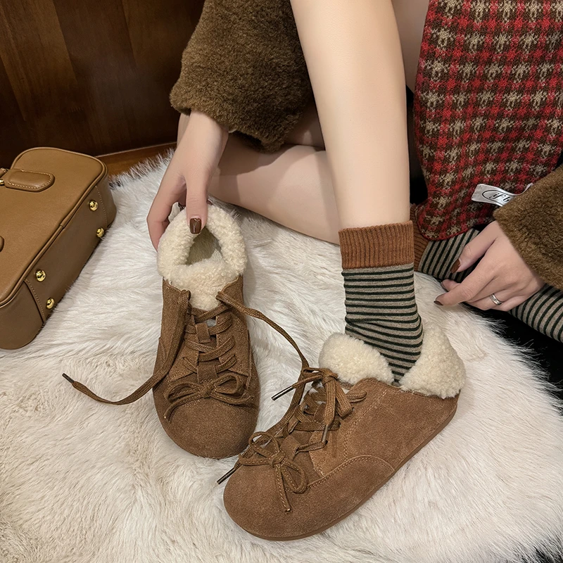 VICEN FIFI3cm牛皮2025新款加绒毛毛鞋女系带勃肯鞋豆豆百搭单鞋