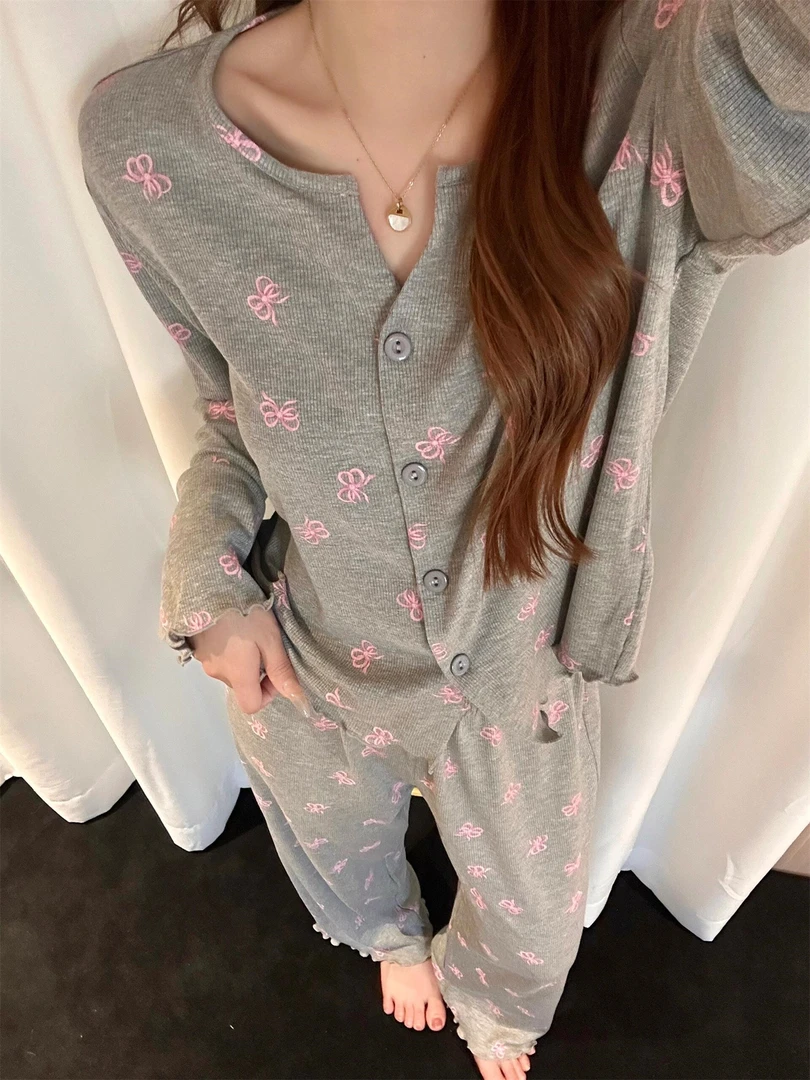 韩版甜美蝴蝶结印花莫代尔睡衣女春秋长袖长裤2025新款家居服套装