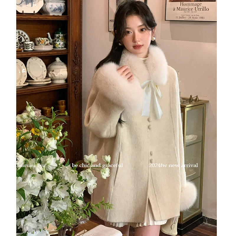 【24193】可拆卸毛毛领蝴蝶结毛呢外套女