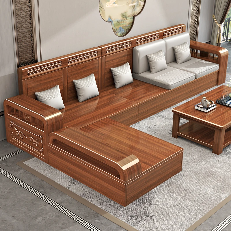 新中式胡桃木雕花简约大小户型高箱储物广东佛山实木沙发