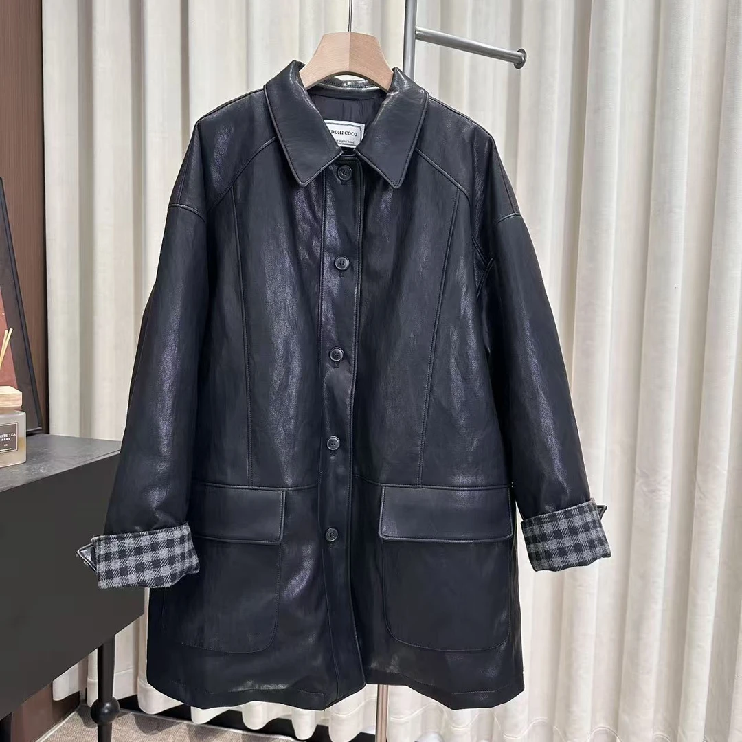 翻领韩版羽绒内里皮衣外套女冬季宽松休闲中长款宽松pu皮羽绒服