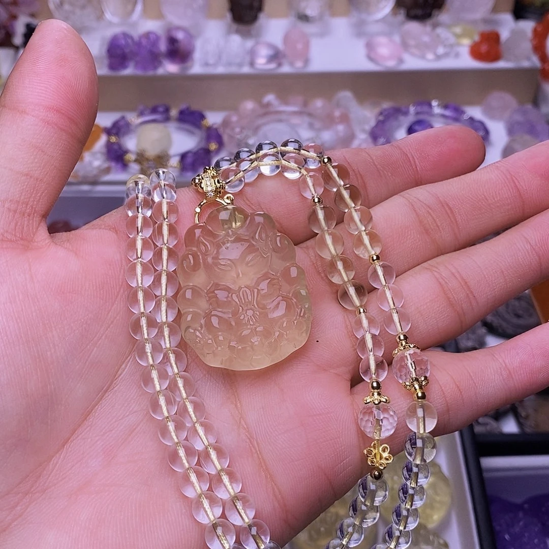 水晶颈饰未镶嵌黄水许愿狐吊坠 送链子