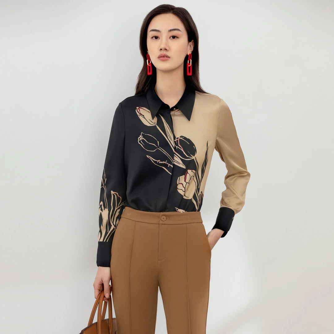 【思思专属】【桑蚕丝】秋冬郁金香印花撞色时尚百搭亲肤衬衫女