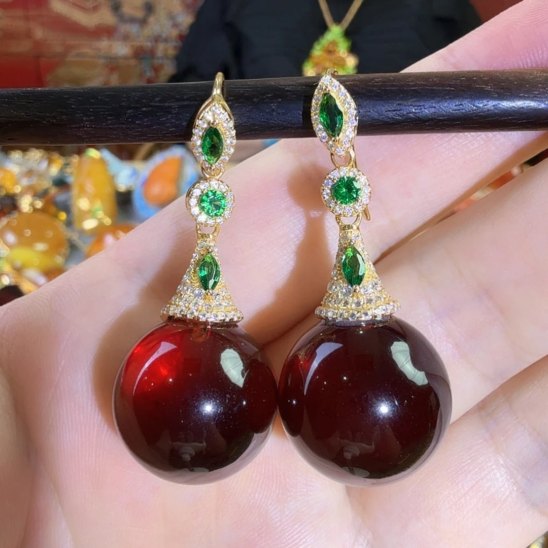 血珀银S925镀金镶嵌耳环