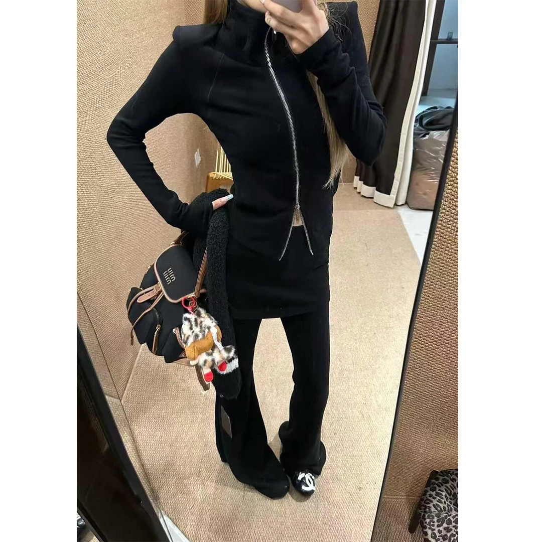 美式黑色时尚套装女秋季新款设计感修身显瘦外套休闲喇叭裤两件套