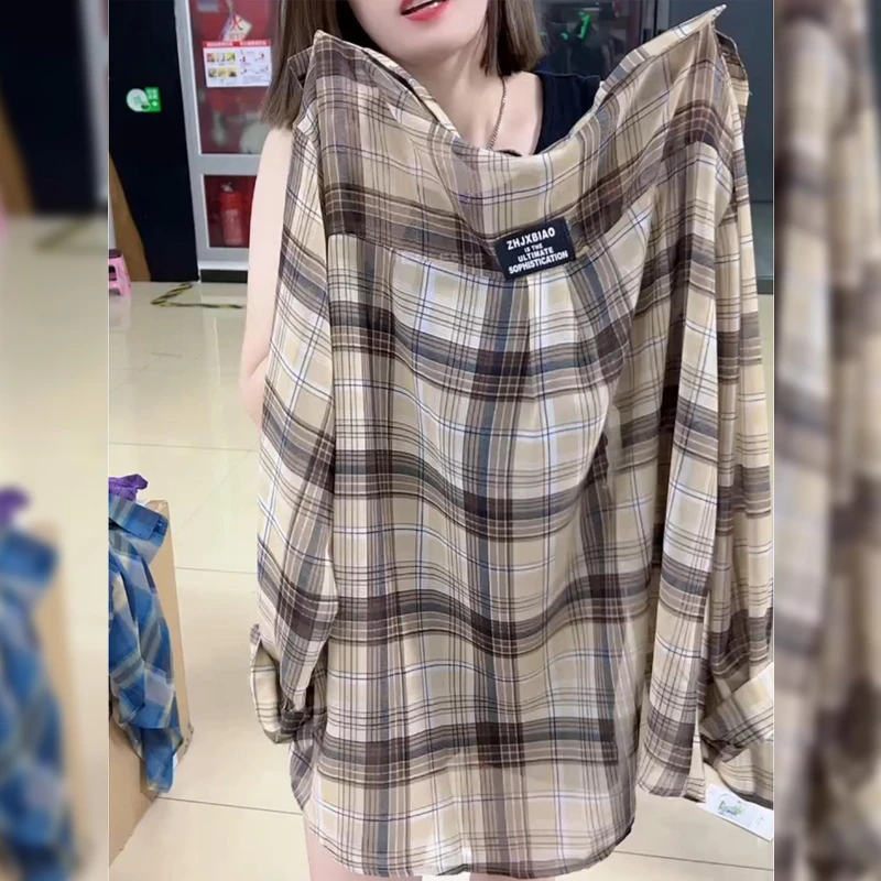 时尚港风格子防晒衬衫外套女2025夏季新款轻薄宽松休闲减龄衬衣