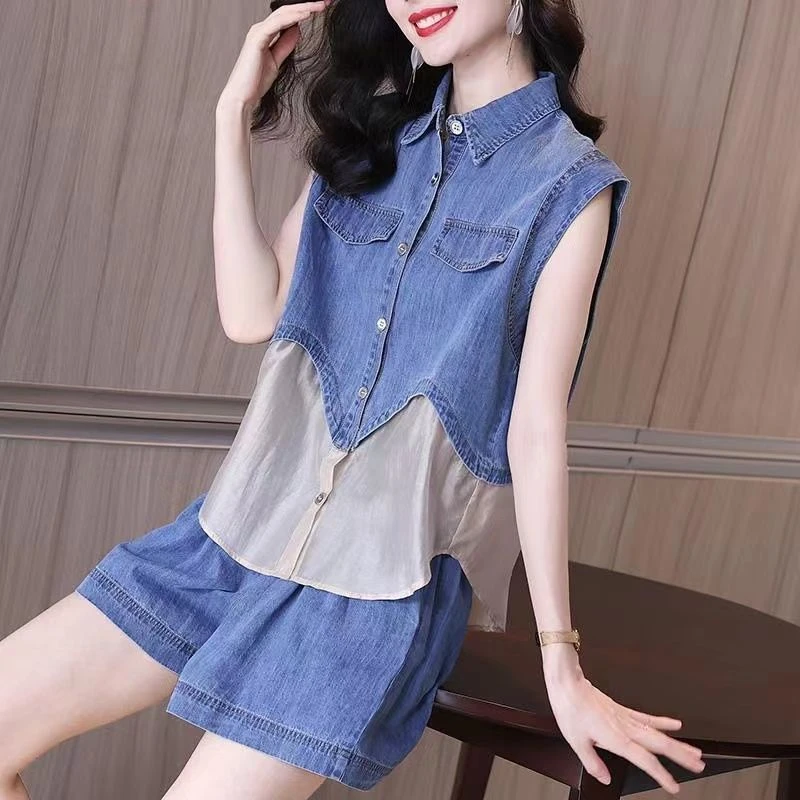 夏装2025新款女士领宽松休闲牛仔衬衫短裤套装睡衣