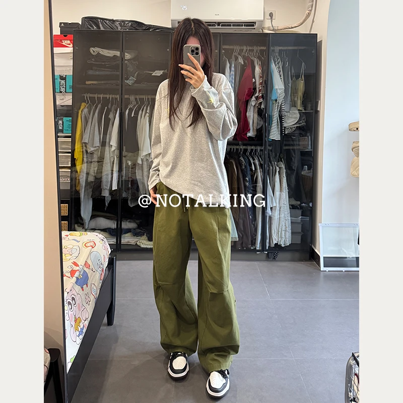 No talking“重磅纯棉”军绿色工装直筒裤男款美式长裤男生弯刀裤子