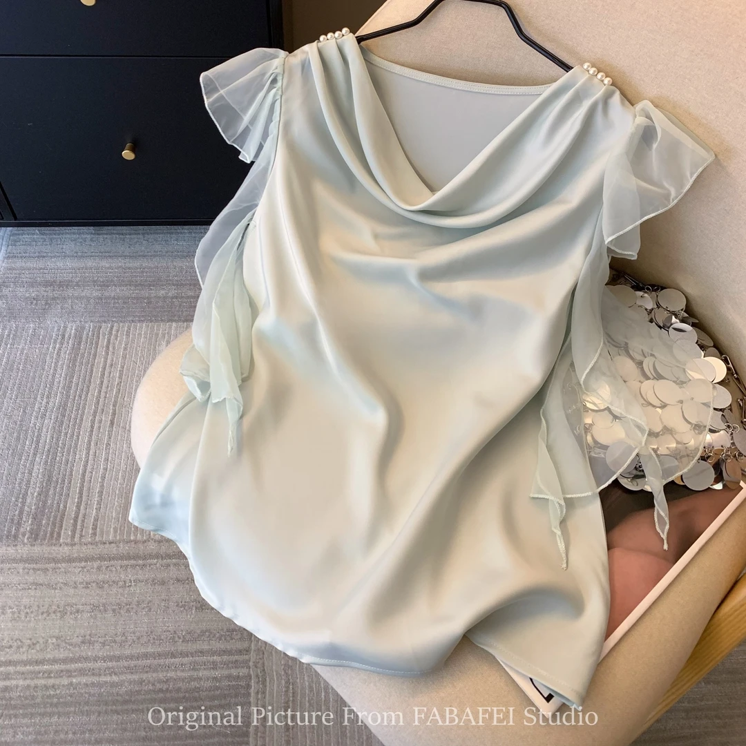 纯欲风荡领绿色缎面衬衫女夏新款荷叶边飘带雪纺衫法式小飞袖上衣