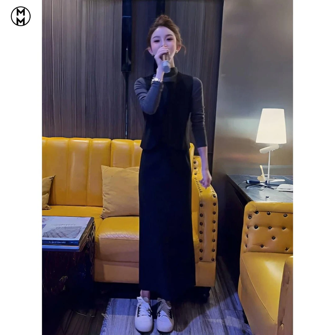 MM入秋穿搭套装女高级时尚名媛小香风黑色马甲打底衫半身裙三件套