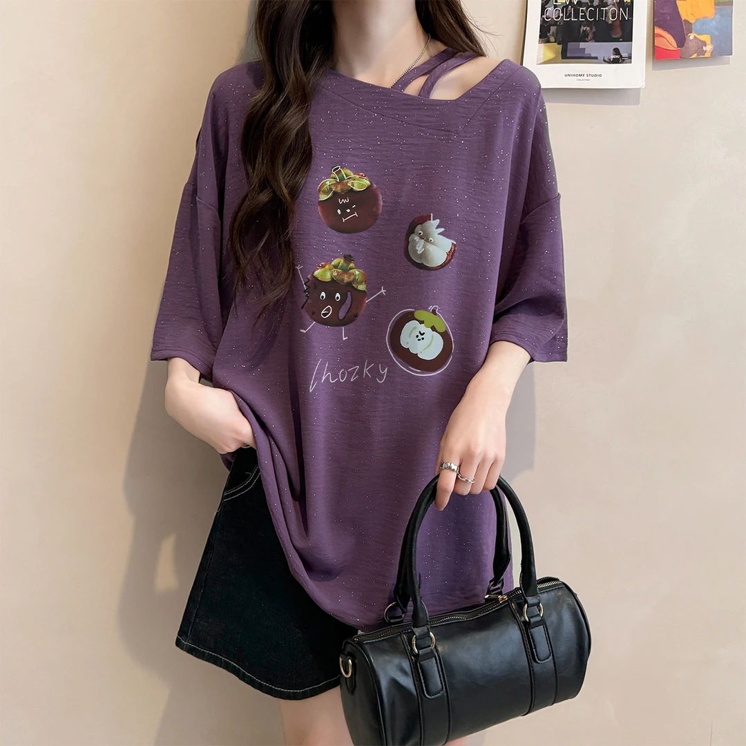 亮闪闪斜领短袖T恤女夏季新款韩版宽松设计感显瘦大码中长款上衣