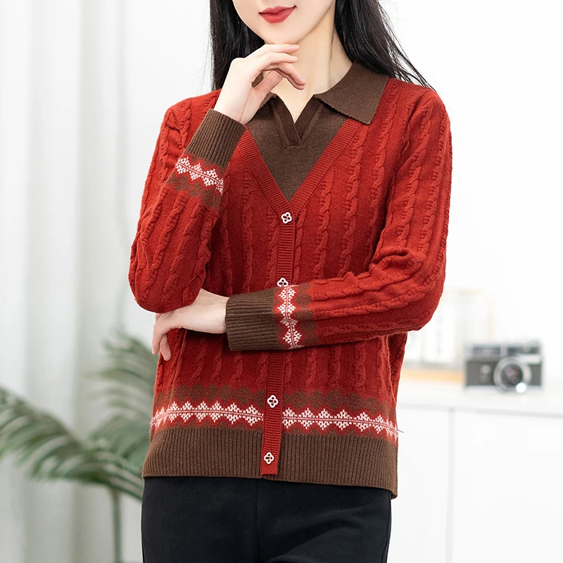 秋季女翻领长袖短款春季毛针织衫针织衫毛衣撞色宽松