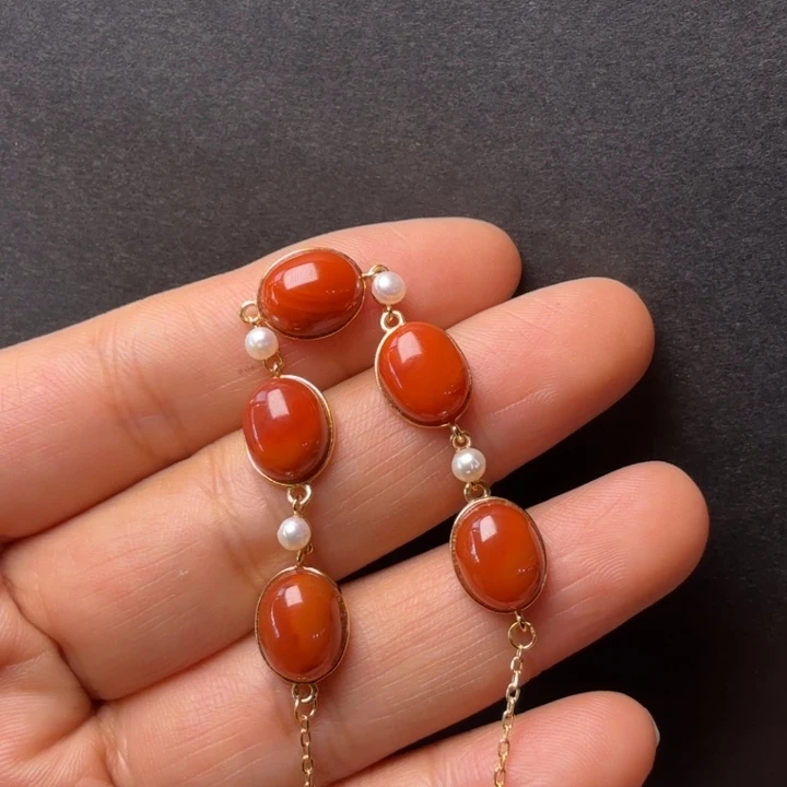 南红玛瑙银S925镀金镶嵌手链