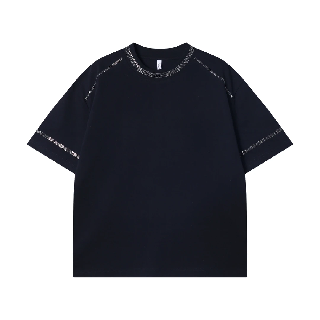 夏季新款时尚个性烫钻线条设计感小众休闲美式运动宽松短袖上衣