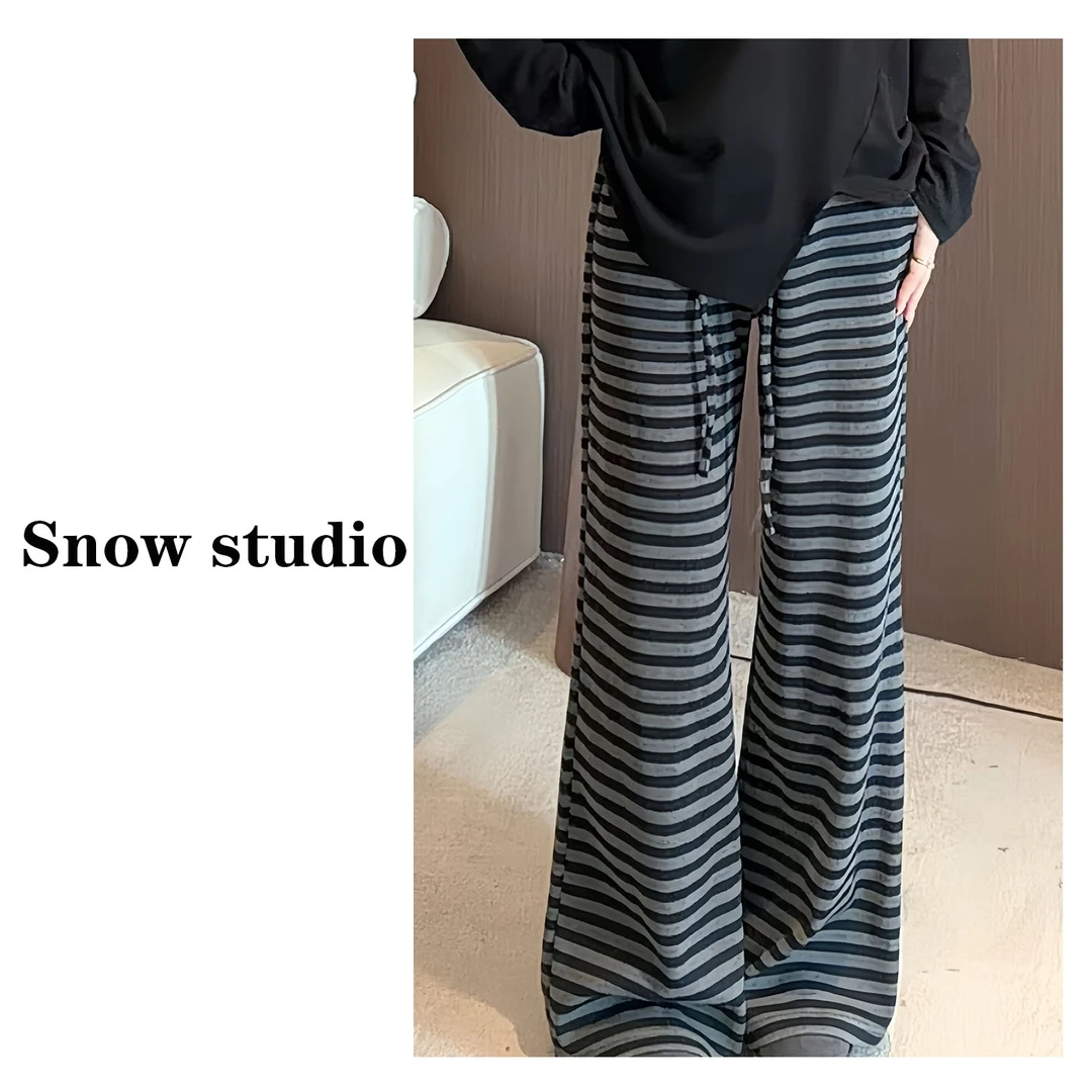 【加厚条纹裤】秋冬季休闲百搭经典宽松条纹高腰松紧阔腿裤遛弯裤